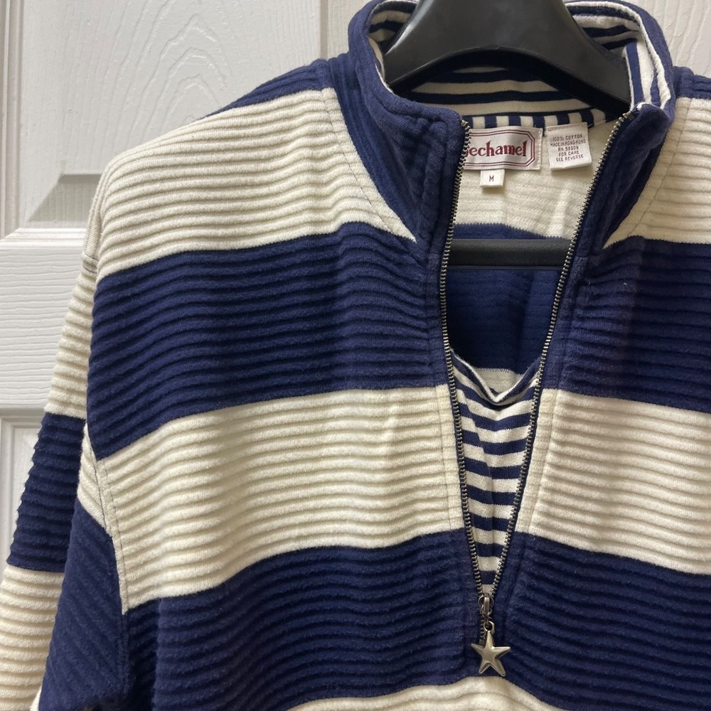 Vintage Bechamel Women's Medium Ribbed 1/2‎ Zip Navy & White Nautical Pullover